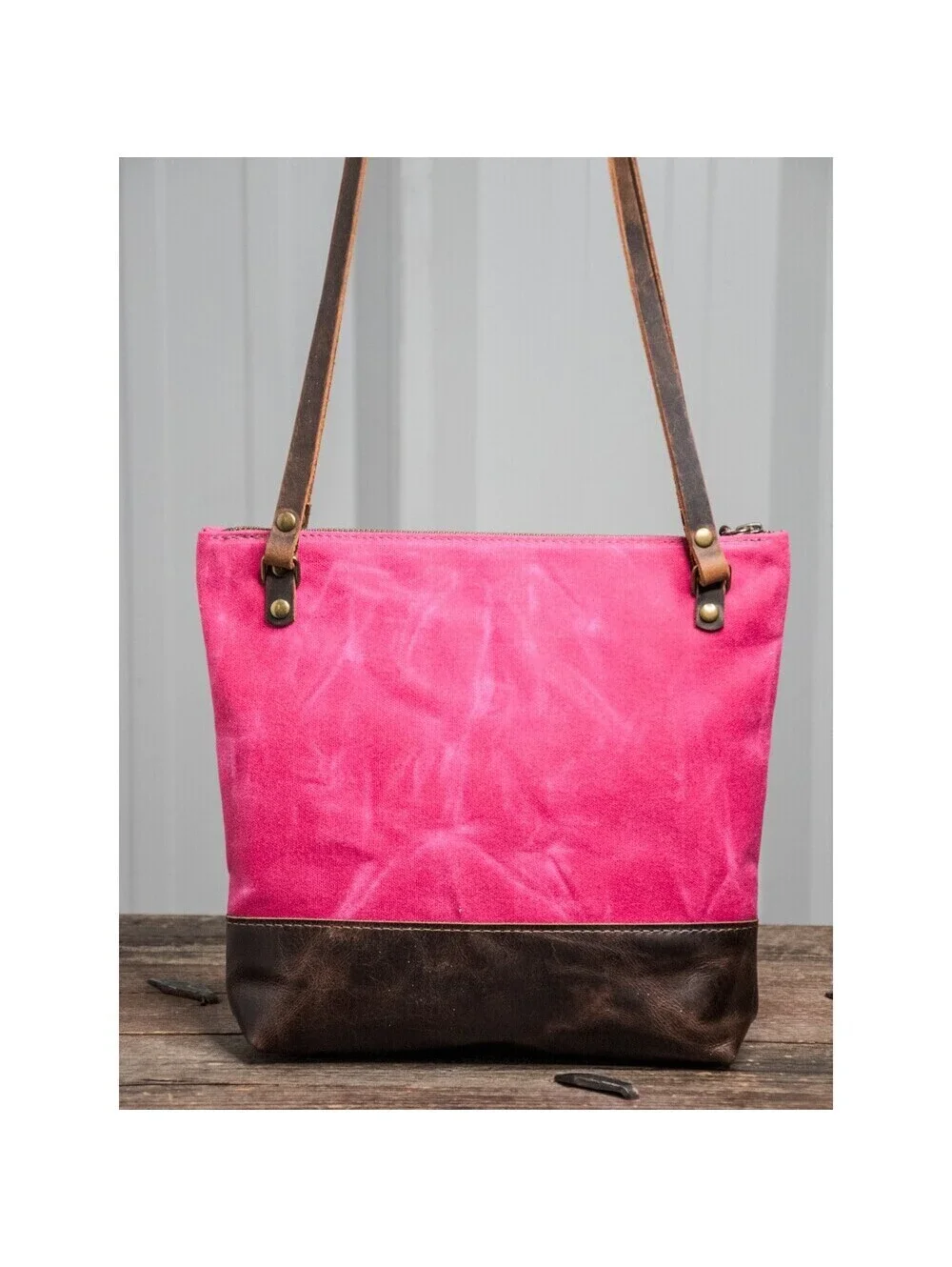 Handmade Leather & waxed canvas Tote Bag * Zipper Top * Pink with Brown Stripe